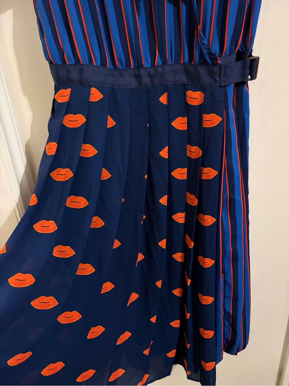 New York & Company Navy and Orange Striped & Pleated Midi Dress - Picture 8 of 15